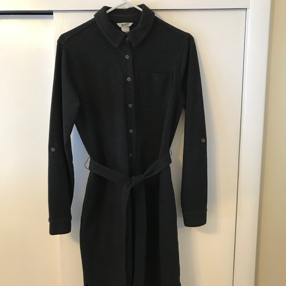 Duluth Trading Women's Waffle Weave Dress Gray Roll Tab Sleeve Size Xs